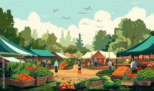 Local Farmers Market with Organic Produce Stalls isolated vector style illustration