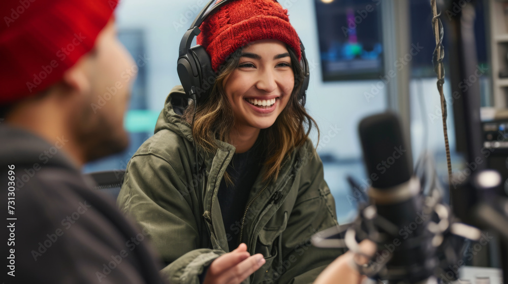 A smiling individual wearing a red beanie and headphones is engaging in a cheerful conversation during a podcast recording session in a studio.