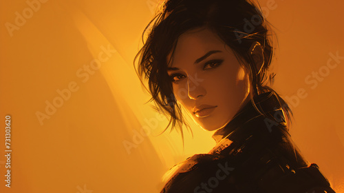 A captivating and enigmatic spy in her early 30s, exuding confidence with her cool, calculating gaze. Her sleek hairstyle adds a touch of elegance as she navigates through shadows. photo