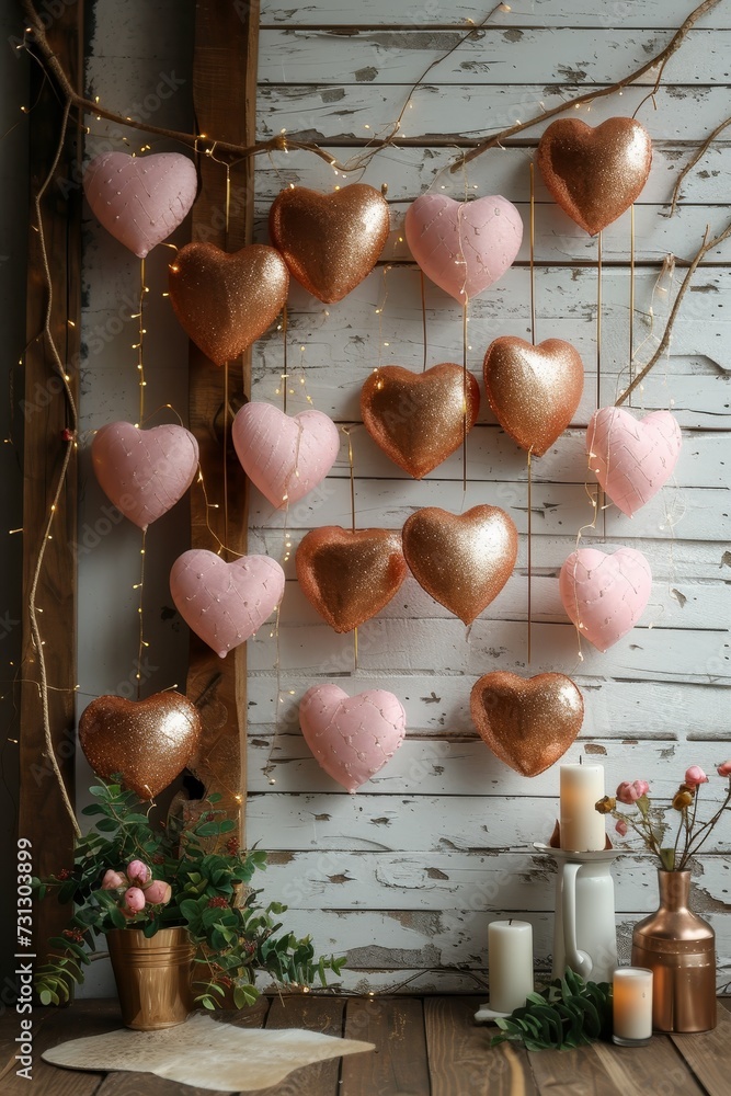 Pink and Gold Hearts Hanging From Wall.  