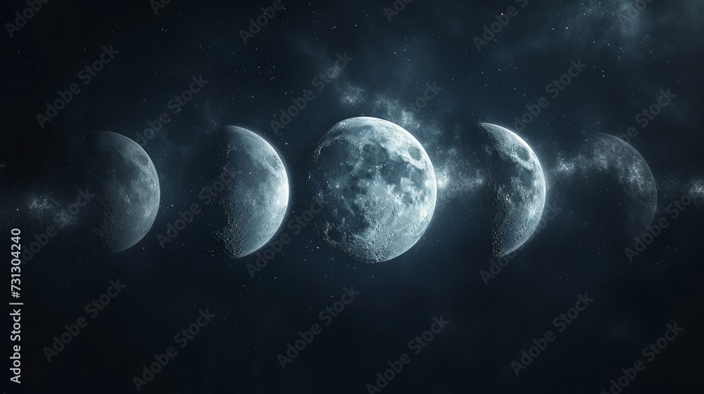 Minimalistic moon phases and celestial elements against a dark backdrop emit a mystical glow