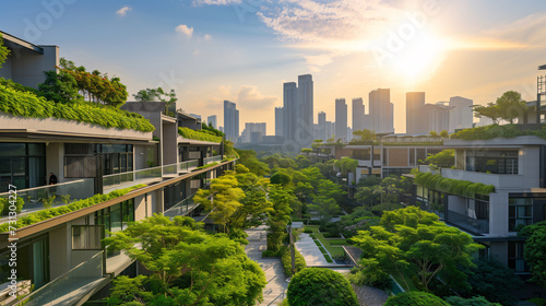 A breathtaking panoramic view of a futuristic  eco-friendly cityscape boasting lush green spaces and innovative renewable energy sources. This sustainable urban oasis seamlessly blends moder
