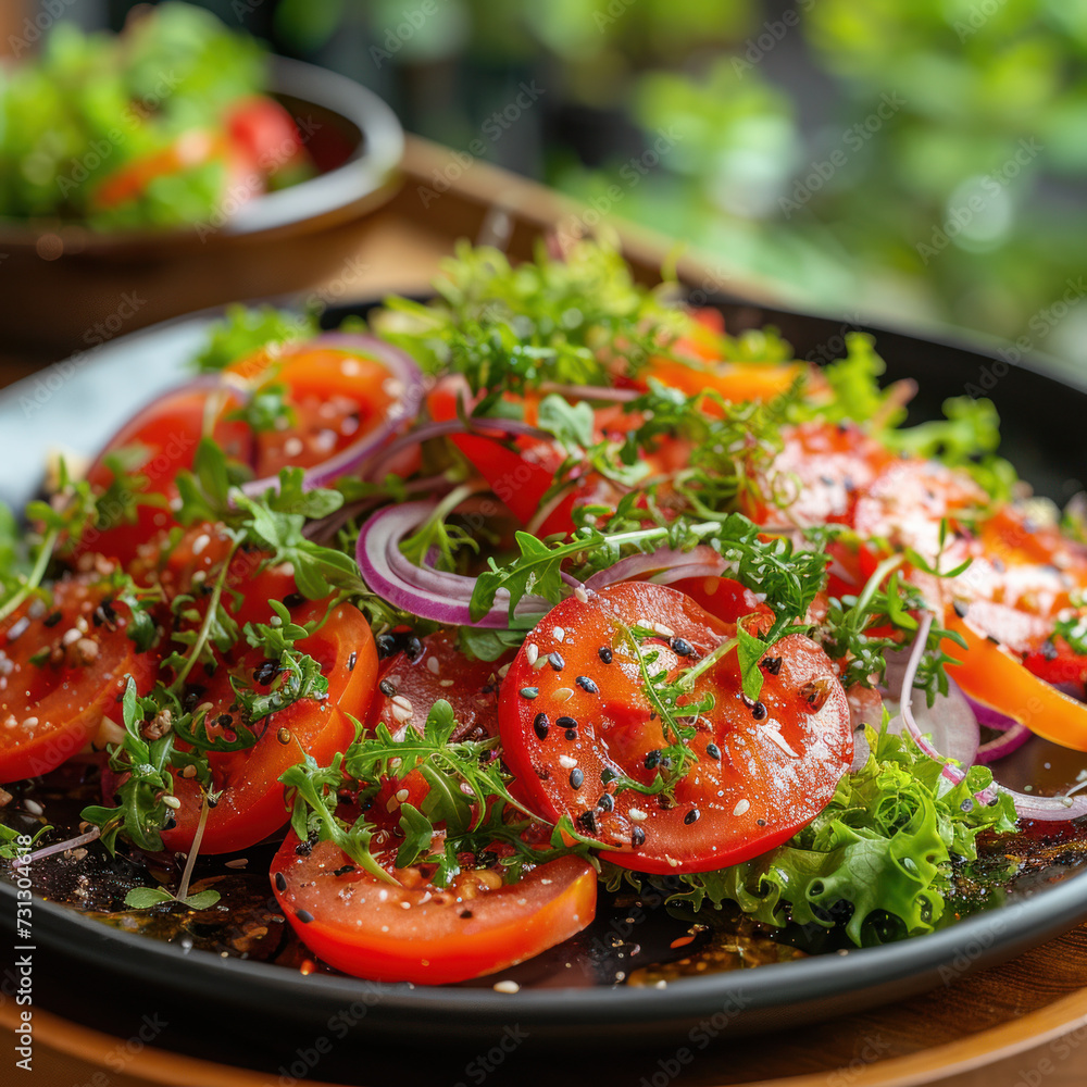 bright green salad with tomatoes and onions on a side plate bright green salad with tomatoes and onions on a side plate