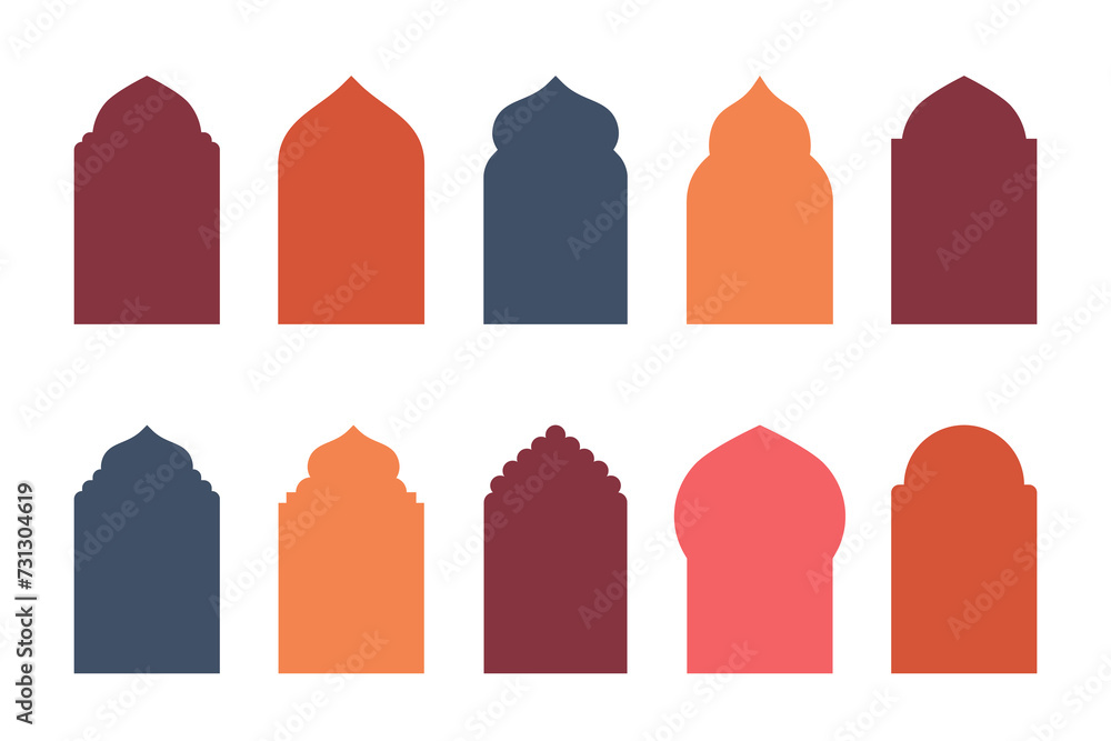 Set of colorful flat arab windows frame silhouettes. Vector illustration. Ramadan Kareem labels for invitation card template. Arabic traditional architecture icons. Islam pattern emblem Set of colorful flat arab windows frame silhouettes. Vector illustration. Ramadan Kareem labels for invitation card template. Arabic traditional architecture icons. Islam pattern emblem