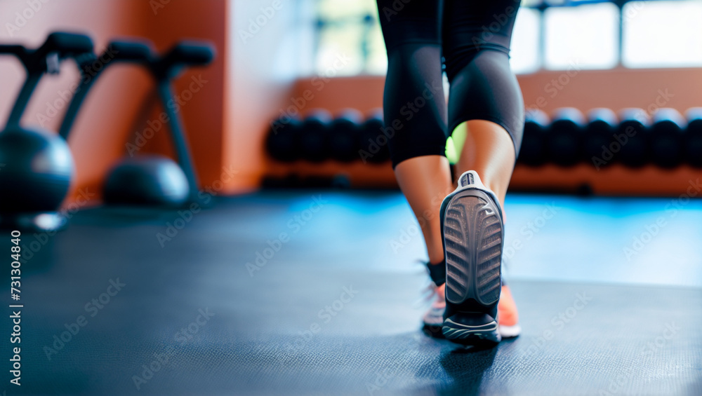 Legs and sole of a woman's sneakers doing sports at the gym. Legs and sole of a woman's sneakers doing sports at the gym.