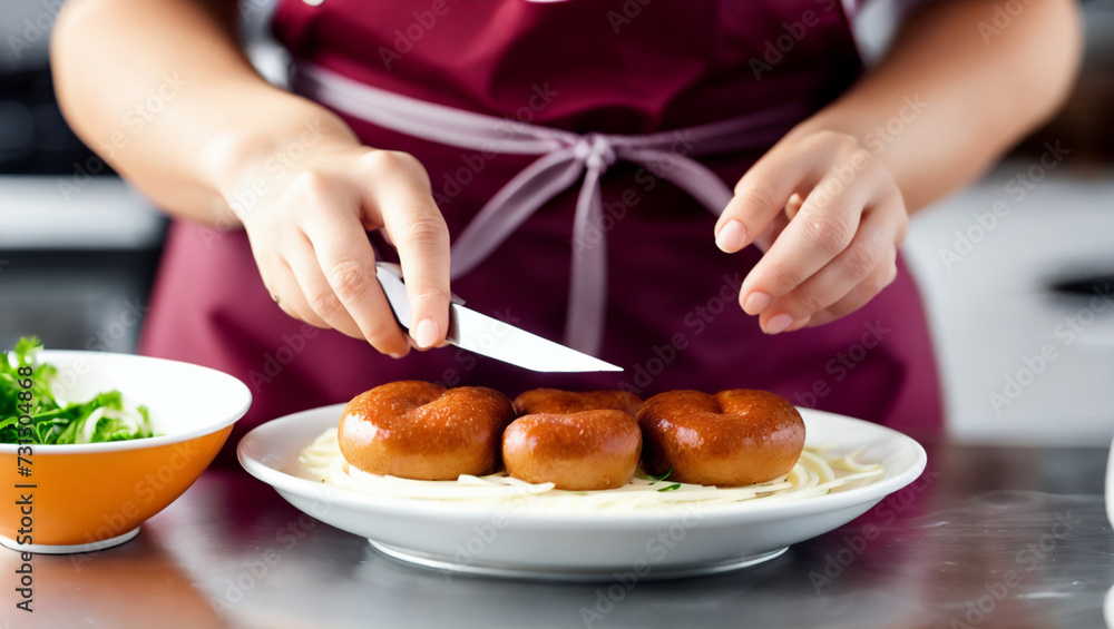 Cook with a knife and maroon apron preparing a dish in the kitchen.