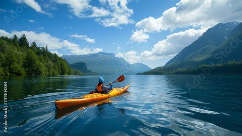 A lone adventurer explores the serenity of a tranquil lake, gliding effortlessly in a colorful kayak, surrounded by the breathtaking beauty of nature. The perfect blend of adventure and tran