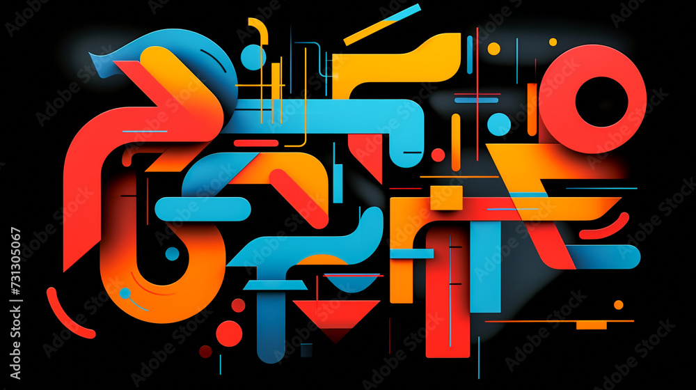 An abstract composition of intersecting lines and geometric shapes.   Vibrant colors, and strong lines