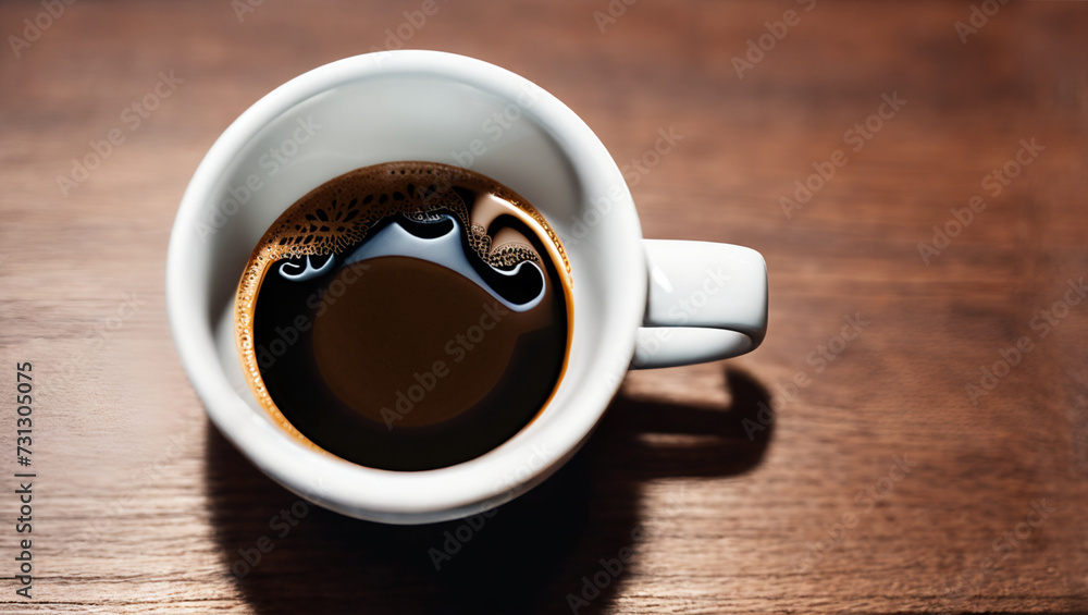 Obraz premium White cup with black coffee on a dark wooden table, cup half full.