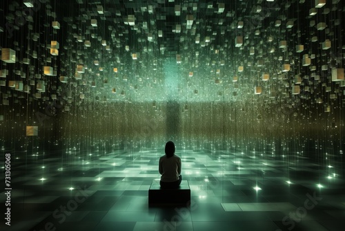 Overwhelmed in room of information. person clutching head in data-infused environment