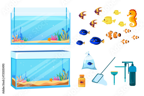 Vector aquarium set, collection of basic aquarium elements. cartoon style