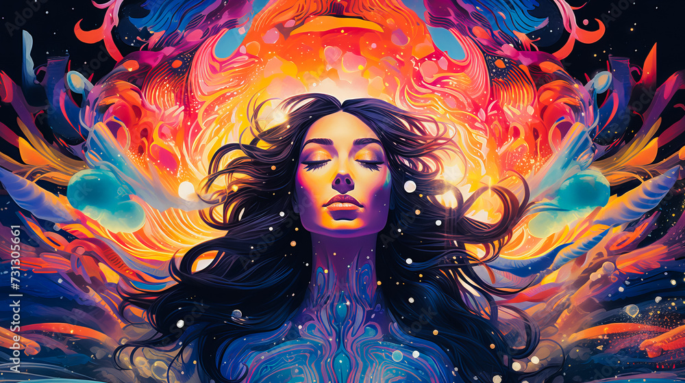 Naklejka premium A Psychedelic Portrait. Surrealism Unveiled. Thin Lines and Neon Lights