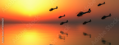 Fleet of Helicopters Cruising over the Ocean at Dusk