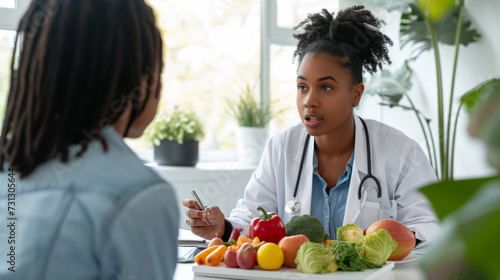 focused female doctor discussing nutrition with a patient, with fresh fruits and vegetables on the table