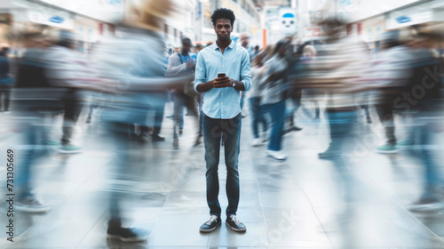 A young man stands still using his smartphone amidst a blurred motion of a busy crowd around him.