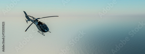 Solitary Helicopter Gliding over a Tranquil Sea in the Haze of Dawn
