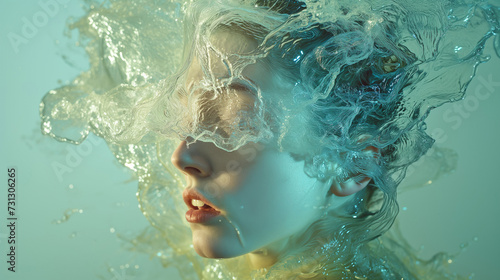 Kopf einer Frau von von Wasser umhüllt. Kühl beleuchtet. Illustration vor mintgrünem Hintergrund