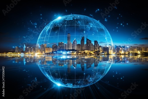 Digital network sphere encompassing a vibrant city skyline, illustrating global connectivity and urban technology