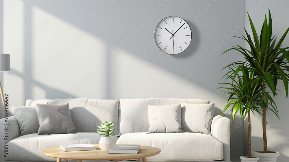 A sleek and minimalistic wall clock mockup designed for home decor concepts. The neutral color palette and clean lines make it a perfect addition to any living room. With its ideal size, thi - obrazy, fototapety, plakaty 
