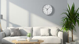 A sleek and minimalistic wall clock mockup designed for home decor concepts. The neutral color palette and clean lines make it a perfect addition to any living room. With its ideal size, thi