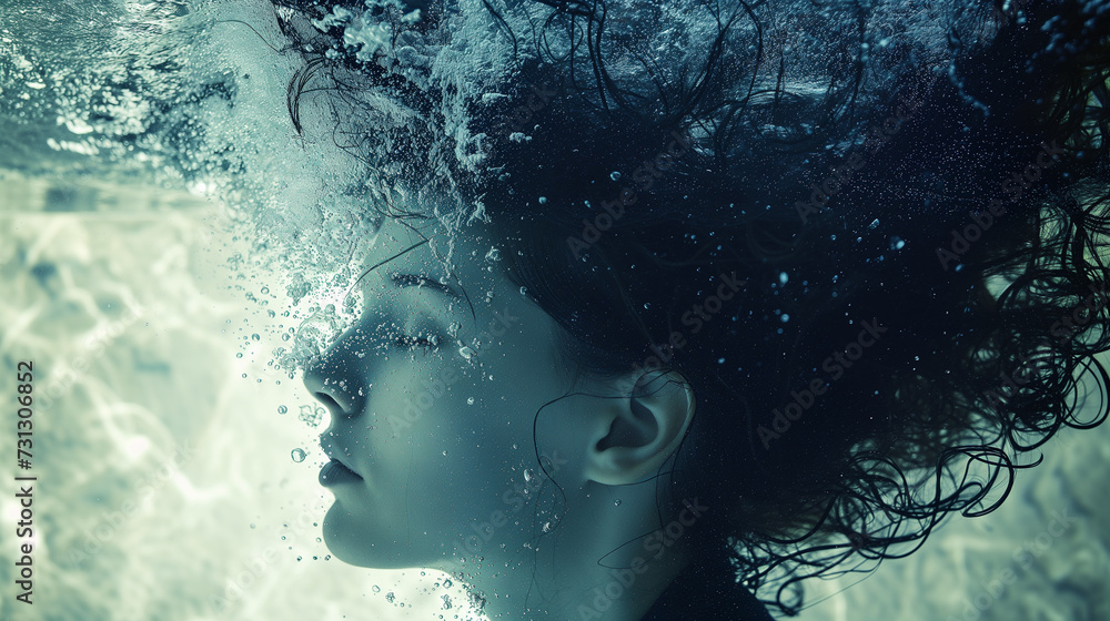 Kopf einer Frau unter Wasser. Kühl beleuchtet. Illustration 