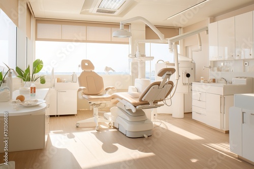 Modern dental operatory. bright, airy, and serene with contemporary equipment and breathtaking views photo