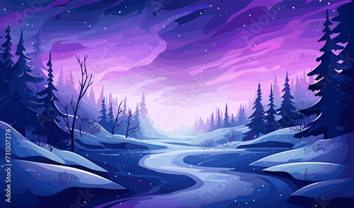 snowy landscape with aurora borealis vector simple isolated illustration © Svitlana