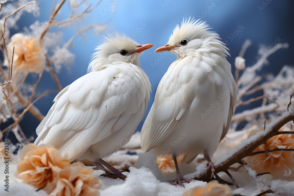 Pair of white doves in winter forest, close-up Pair of white doves in winter forest, close-up
