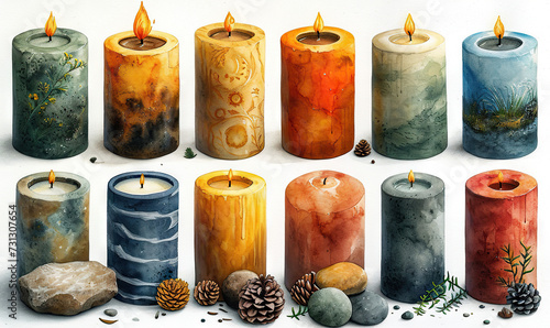 candles illustrations watercolor isolated for stickers, relax decorations