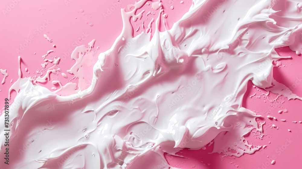 Cosmetics texture. Smear of white face or body cream, lotion, mousse, soap, shower gel on pink background. Spa, skin care, beauty and health, medicine. Cosmetic background