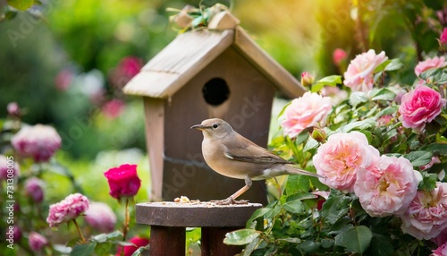 small bird standing by birdhouse in rosegarden
