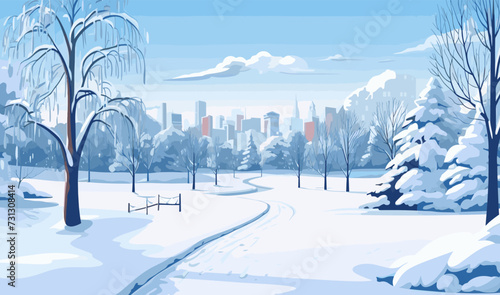 Winter Snowscape in City Park vector simple 3d isolated illustration