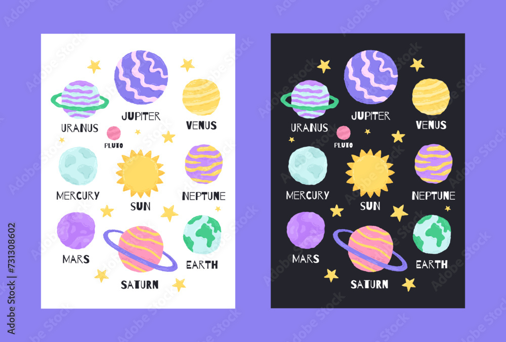 Space poster with cute planets in the cartoon hand drawn style. Vector illustration