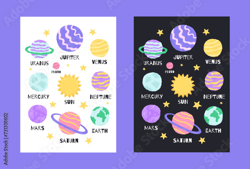 Space poster with cute planets in the cartoon hand drawn style. Vector illustration