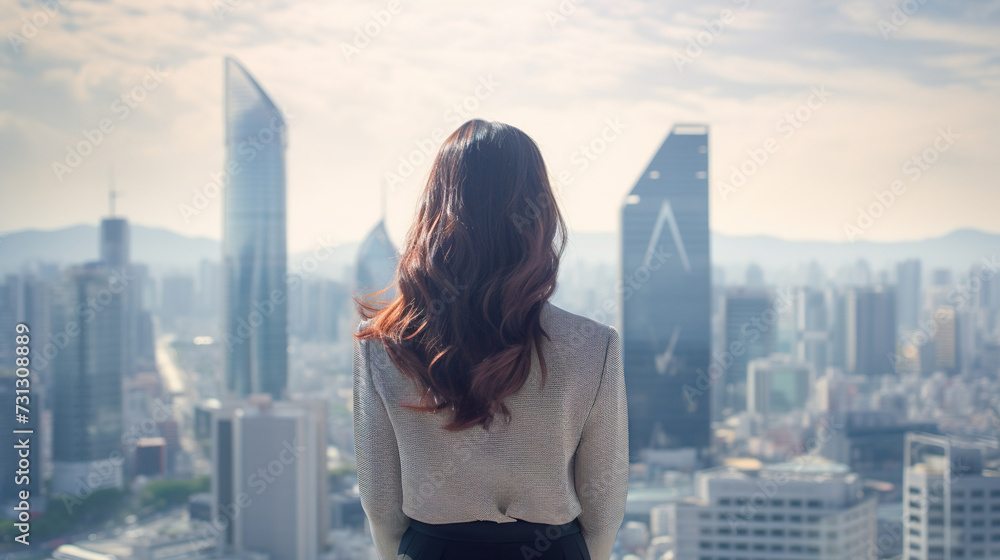 girl against the backdrop of a modern metropolis.