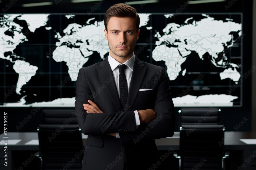 Stern businessman with arms crossed against a digital world map in a sleek office Stern businessman with arms crossed against a digital world map in a sleek office