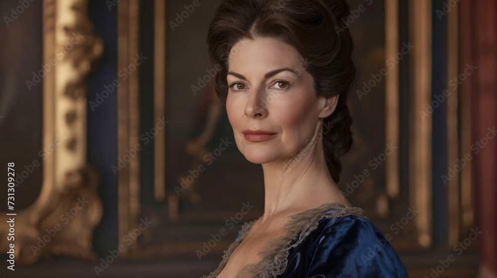 A regal woman in her 50s, exuding elegance and authority with her stern yet graceful expression. Her high cheekbones and dark captivating eyes add to her striking presence.