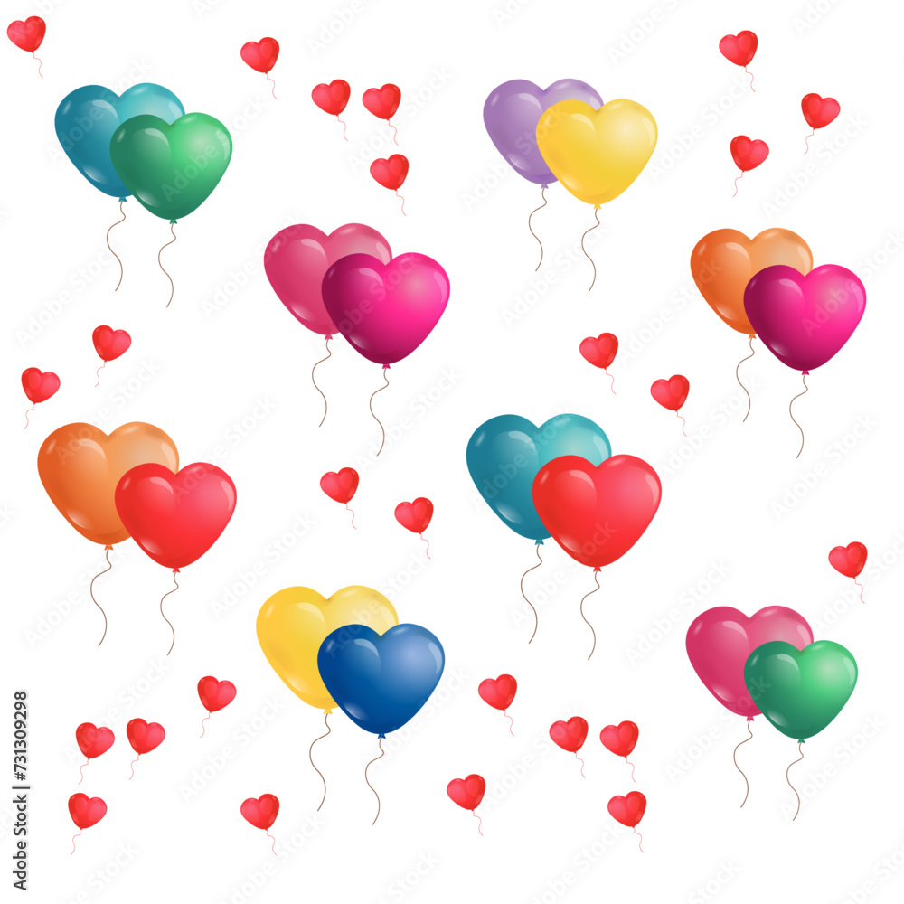 Composition of heart-shaped balloons. Bright balloons in cartoon flat style. A set of multi-colored heart-shaped balls. Vector illustration on a white background. Cute illustration