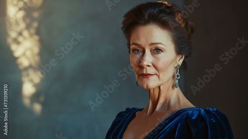 A regal woman in her 50s, exuding elegance and authority with her stern yet graceful expression. Her high cheekbones and dark captivating eyes add to her striking presence. photo