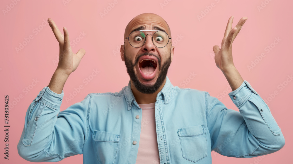 close-up of a young man with a beard wearing round glasses and a denim shirt, looking surprised with his mouth wide open against a pink background close-up of a young man with a beard wearing round glasses and a denim shirt, looking surprised with his mouth wide open against a pink background