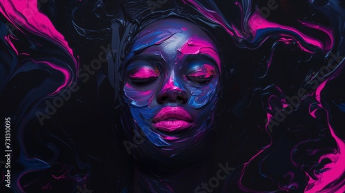 Surreal Abstract Art: Black Woman's Head Covered in Black, Pink, and Blue Paint