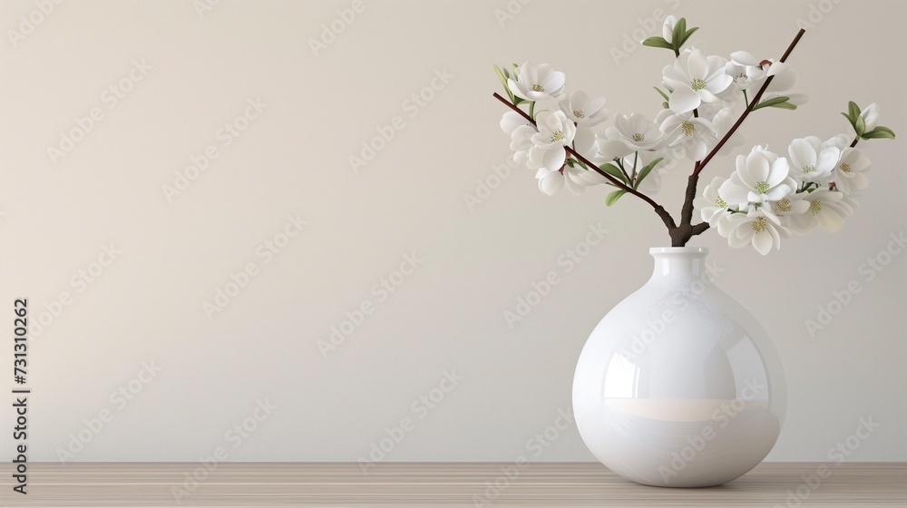 White Vase with Flowers in Empty Room: Copy Space on Left Side of Image