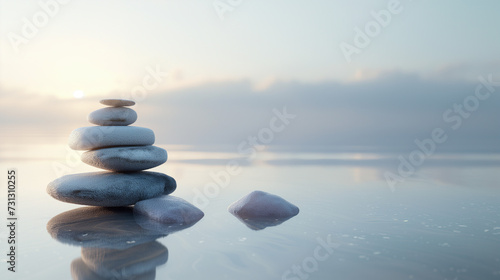 Serenity in Balance  Zen Stones Stacked by Tranquil Waters at Sunrise