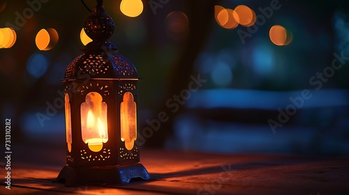 Ornamental Arabic lantern with burning candle glowing at night Ramadan Kareem concept © Uzair