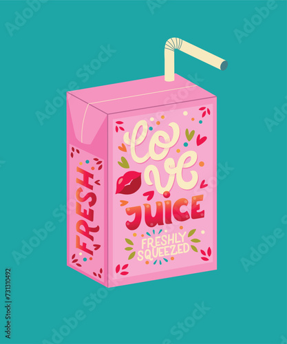 Pink Valentine juice box with hand lettering love juice. Cute festive romantic holiday illustration. Bright colorful pink and blue vector design.