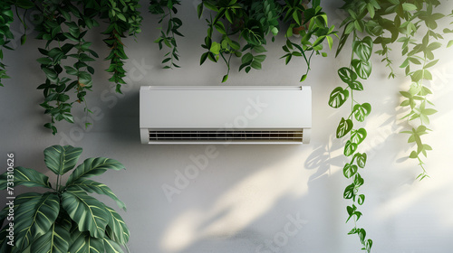 Modern air conditioner unit mounted on a wall surrounded by green plants. Outdoor hvac system installation with space for text. Energy efficient cooling appliance in a natural setting.