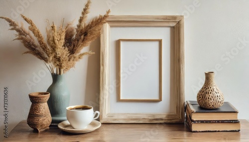 empty wooden picture frame mockup hanging on beige wall background boho shaped vase dry flowers on table cup of coffee old books working space home office art white room with a table