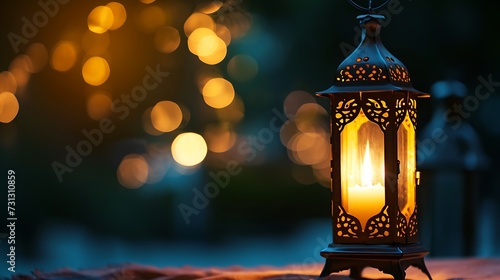 Ornamental Arabic lantern with burning candle glowing at night Ramadan Kareem concept