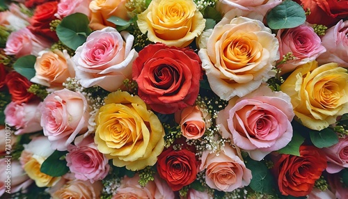 flowers wall background with amazing red orange pink and yellow roses flower pattern backgrounds hand made wedding decoration mixed colorful flowers background vibrant colors of roses mixed © Wendy