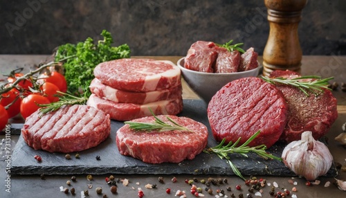 assortment of raw cuts of meat dry aged beef steaks and hamburger patties
